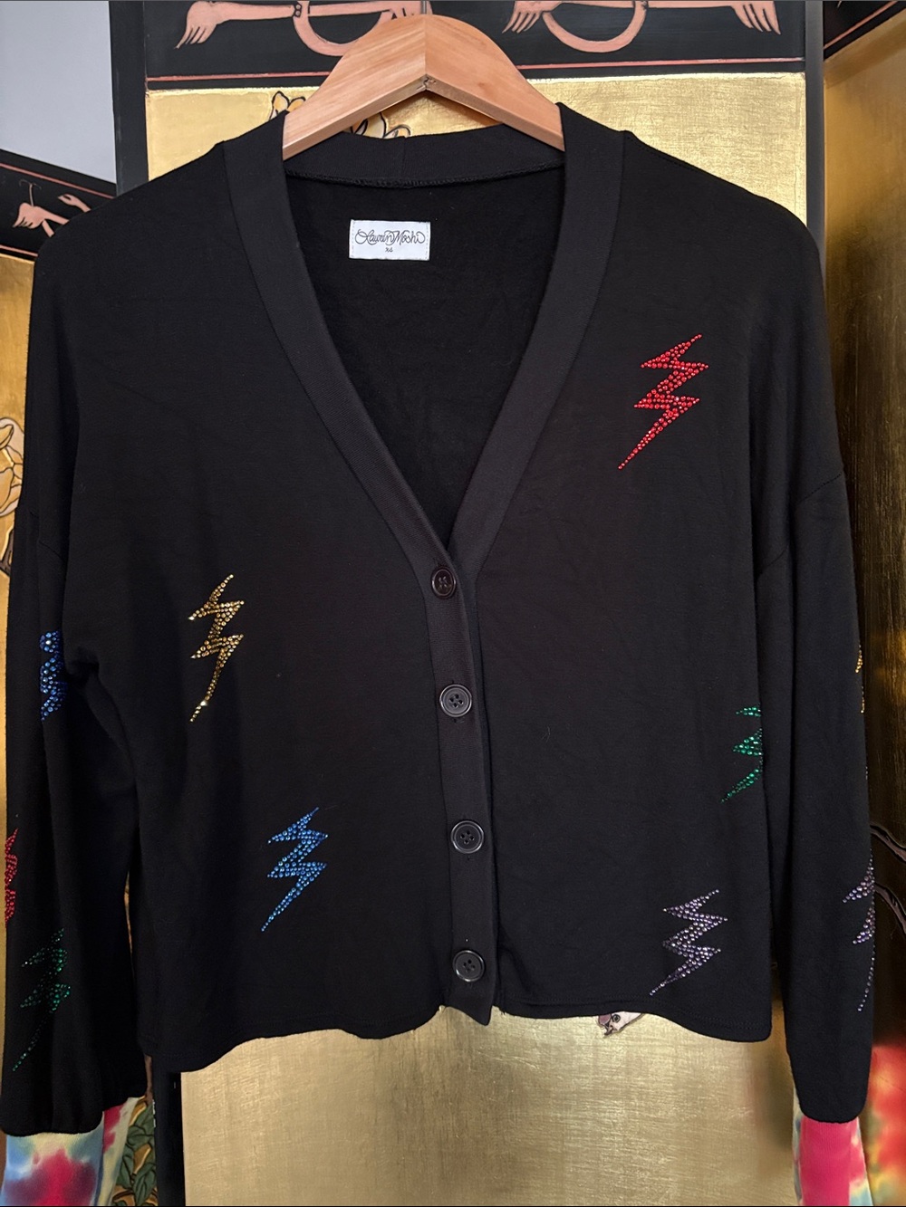 Lauren Moshi Black Cardigan with Multicolor Lightning Studs